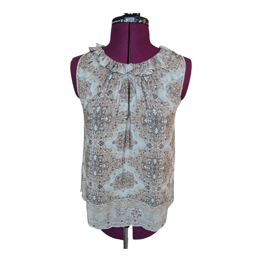 by TiMo 100% Silk Paisley Blouse - Beige & Brown Ruffle Boho Fairy Size XS